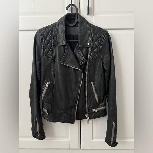 All Saints Cargo Distressed Leather Biker Jacket - Picture 7 of 9